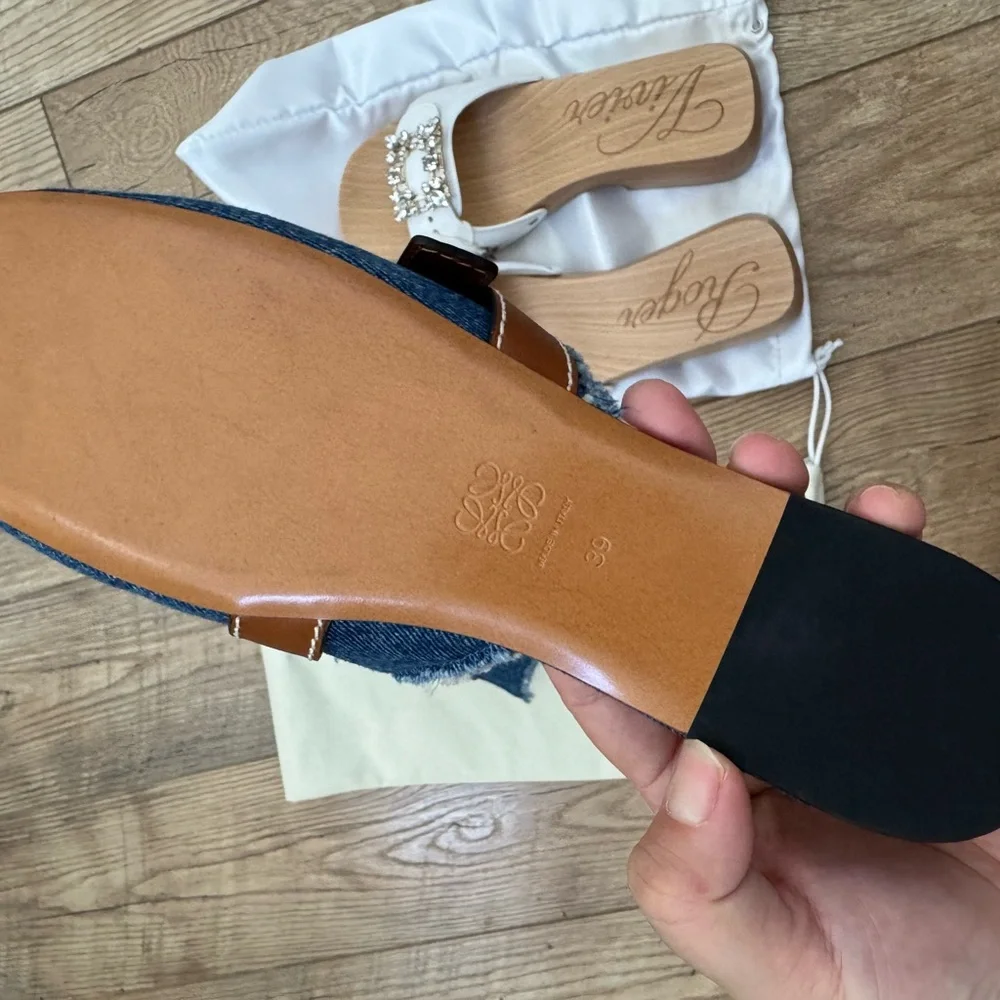 LOEWE Washed Denim Calfskin Gate Mule Sandals 39 Blue Tan